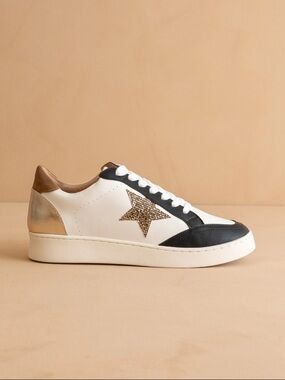 White Leather Lace-Up Sneakers with Black Trim and Gold Star